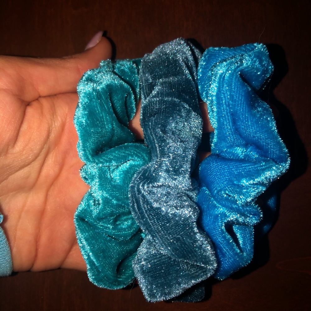 Three blue scrunchies